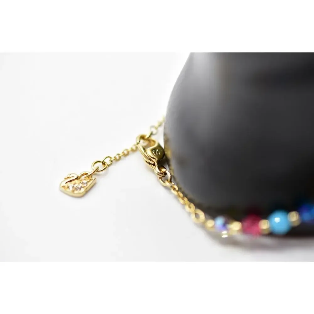 Swarovski Crystal Beaded Bracelet AB Blue Pink Gold Tone Chain Swan Signed Bin7